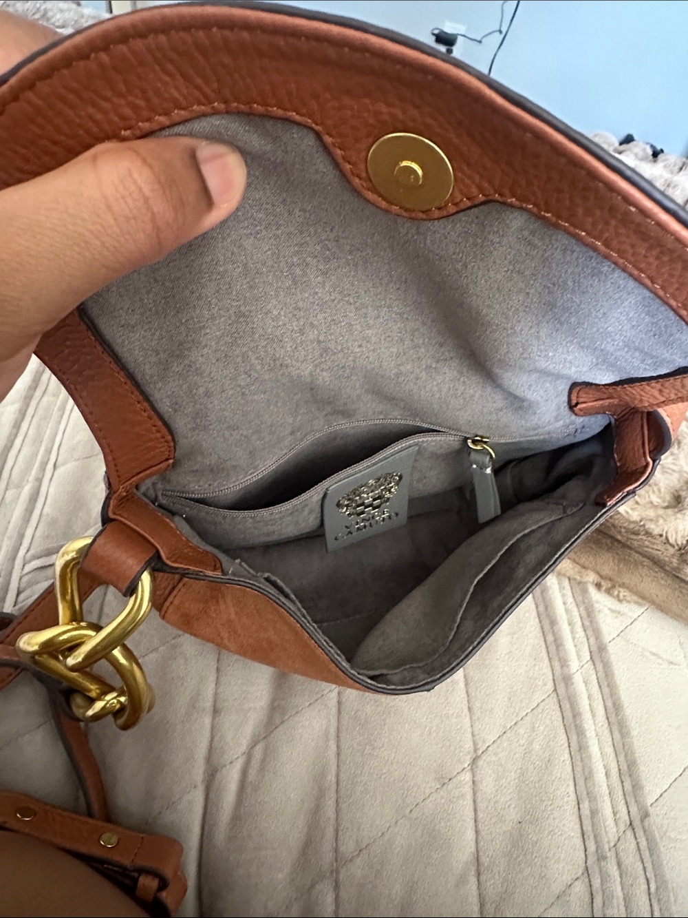 Vince Camuto Two-Tone Cognac Saddle Crossbody with Gold Chain Accent - Picture 6 of 6